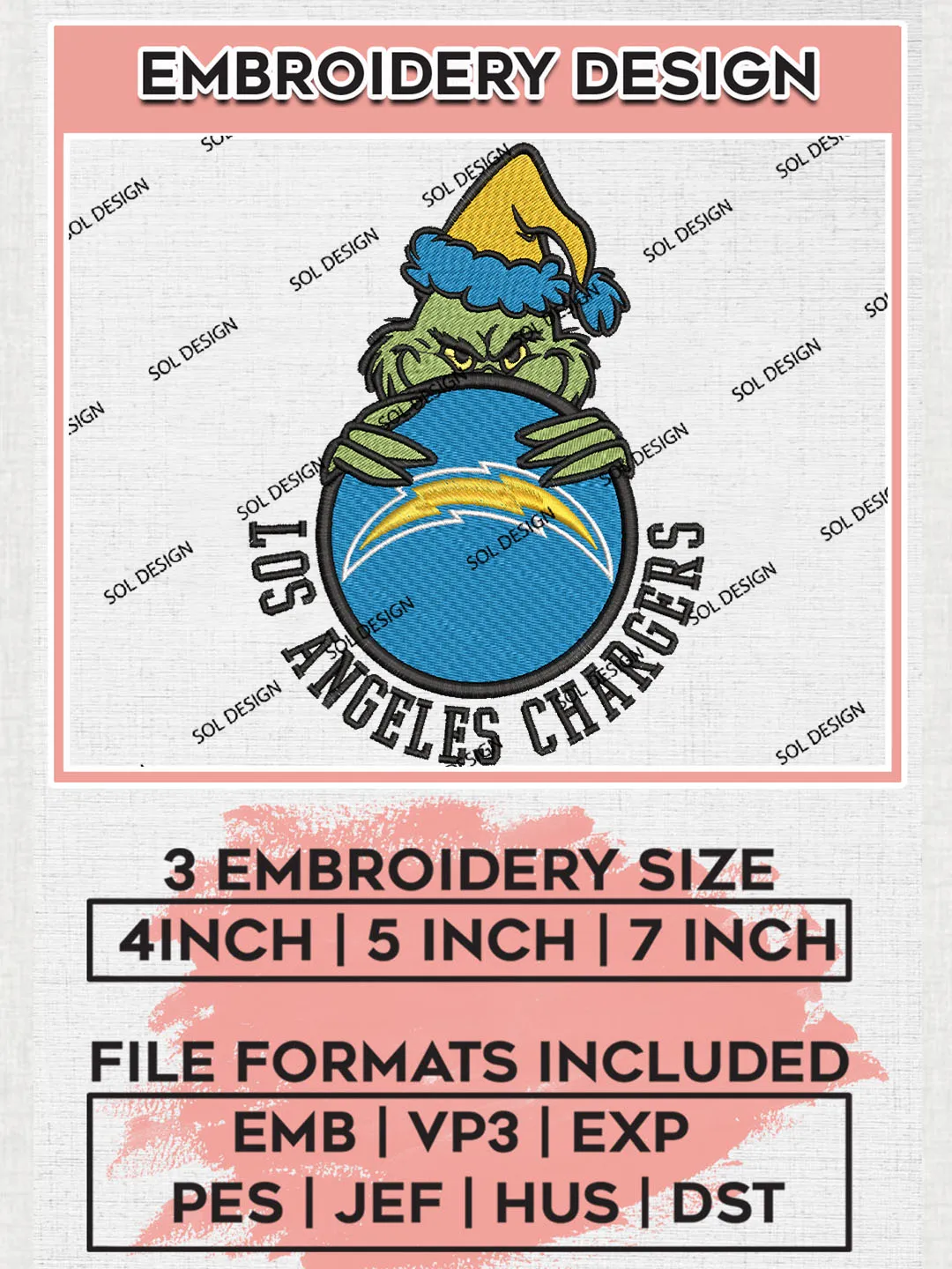 NFL Los Angeles Chargers Team x Grinch Holding Ornament Logo Embroidery Designs, NFL Chargers Team Machine Embroidery Files, NFL Football Teams, 3 sizes, Grinch Machine embroidery designs, Digital Download
