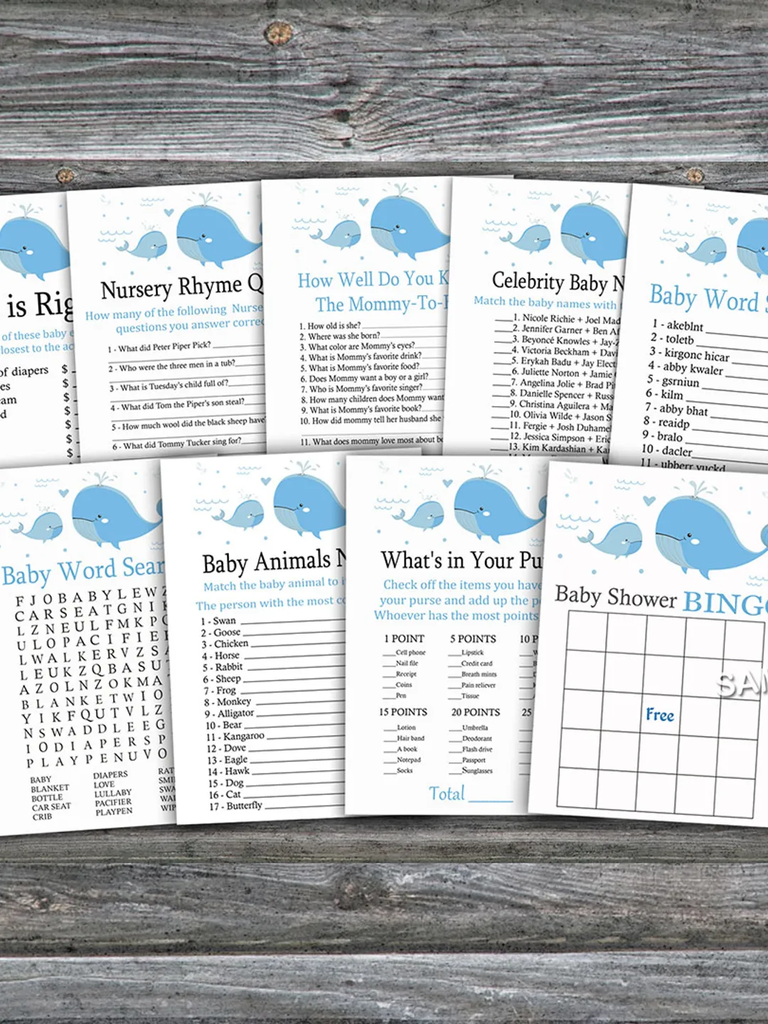 Blue Whale baby shower games bundle,Under the sea Baby Shower games package,Fun Baby Shower Games,9 Printable Games-203