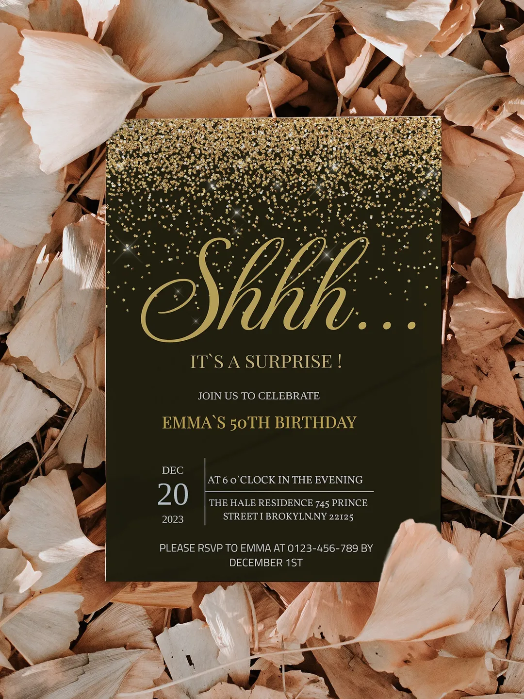 Gold Glitter Surprise Birthday Invitation, Any Age (Digital Download)