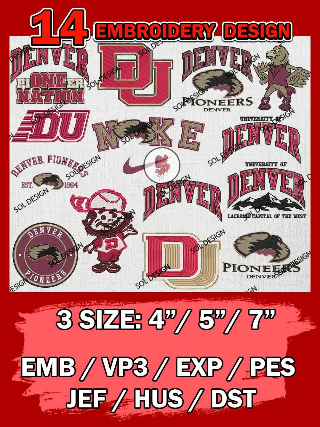 14 NCAA Denver Pioneers Bundle Embroidery Files, NCAA Denver Pioneers Team Bundle Embroidery Designs, NCAA Teams, National College Football Team 3 sizes, NCAA Denver Machine Embroidery, Digital Download