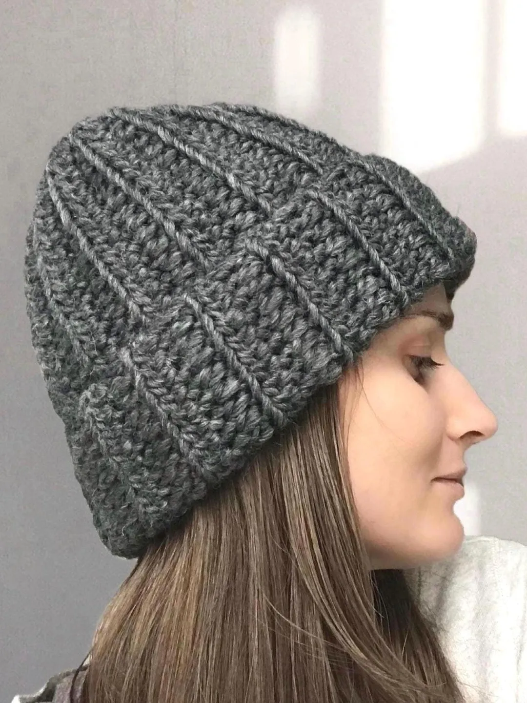 Warm Crochet Chunky Beanie - Soft 100% Wool Winter Hat - Thick Folded Brim - Plushy Cozy Stocking Cap - Unisex Trendy Grey or Custom Color