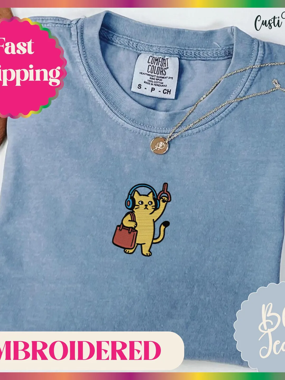 Cool Subway Cat Embroidered Shirt. Cute Cat Lover Gift. Funny Cat with Headphones Tee | Comfort Colors Shirt. Music Lover Cat Embroidery