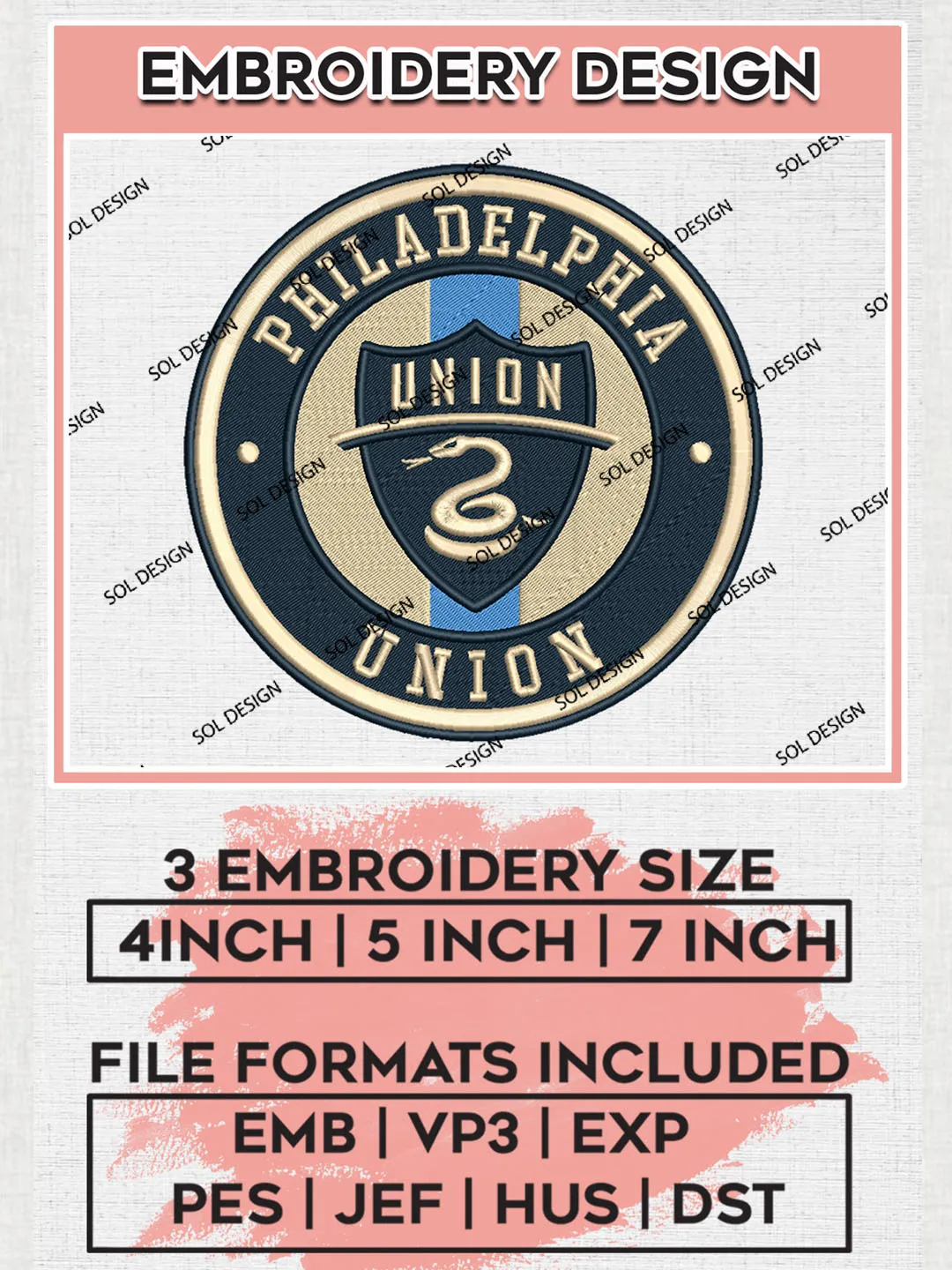 Philadelphia Union Soccer Team Logo Embroidery Design, MLS Philadelphia Union Logo Embroidery Files, Soccer Team Machine Embroidery, Machine Embroidery Design