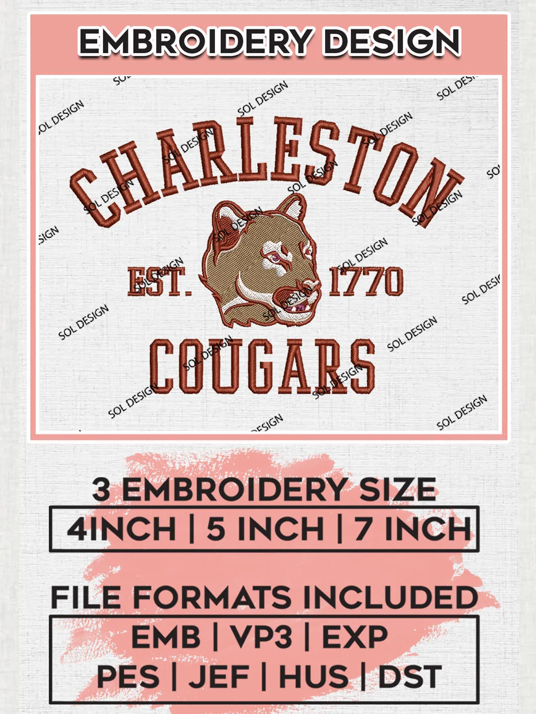 Charleston Cougars Est 1770 Logo Embroidery Designs, NCAA Charleston Cougars Team Embroidery, NCAA Team Logo, 3 sizes, Machine embroidery Files, Digital Download