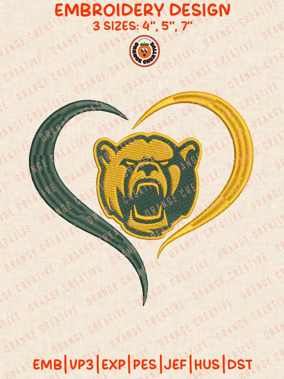 Baylor Bear Heart Logo Embroidery Design, College Machine Embroidery Digitized Pes File, Football Designs, 3 Sizes, Custom Size, Instant Download