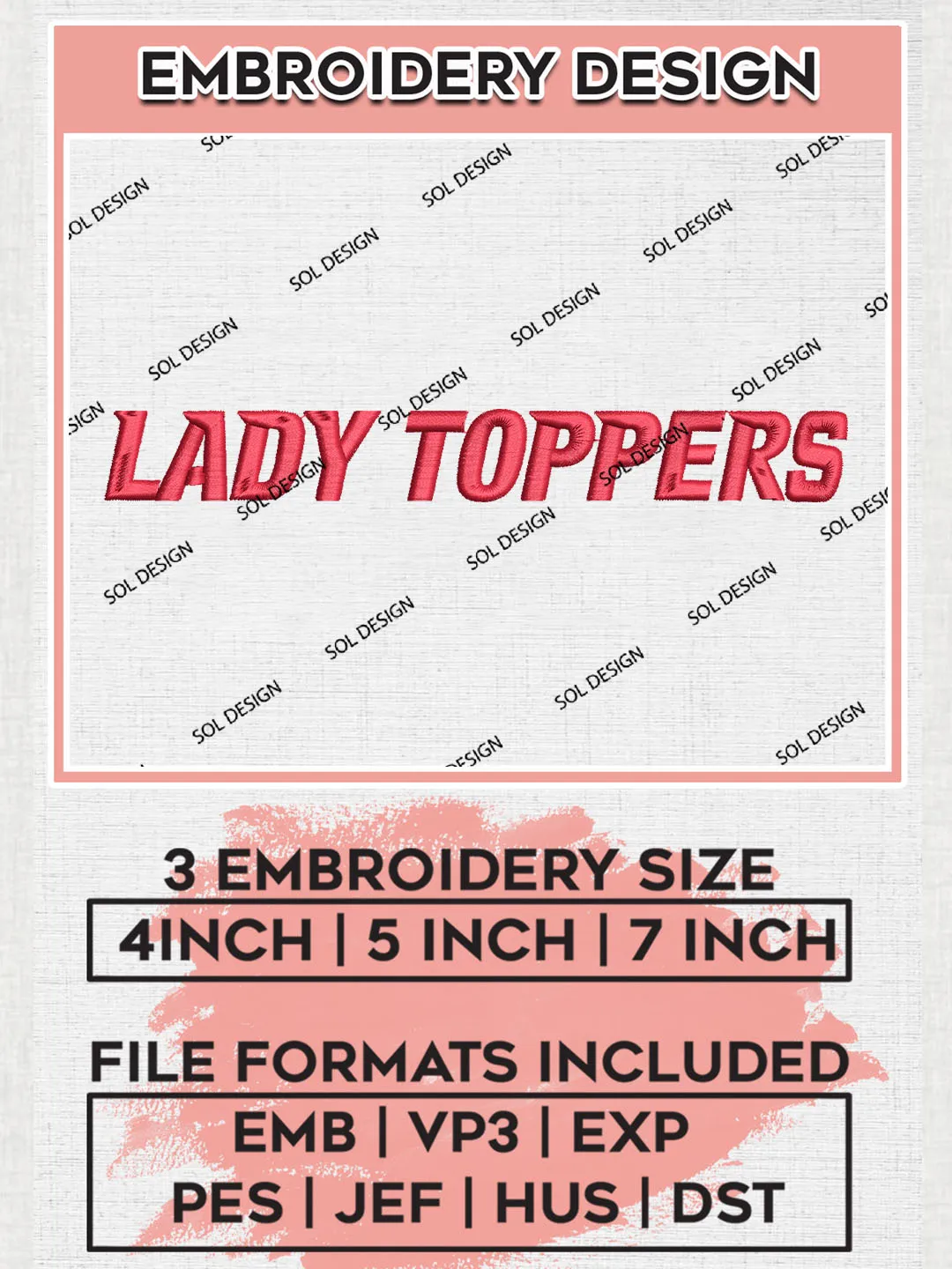 NCAA Lady Toppers Team Word Logo Embroidery Design Files, NCAA Western Kentucky Hilltoppers Machine Embroidery, NCAA Teams, Game Day, 3 sizes, NCAA Machine embroidery designs, Digital Download