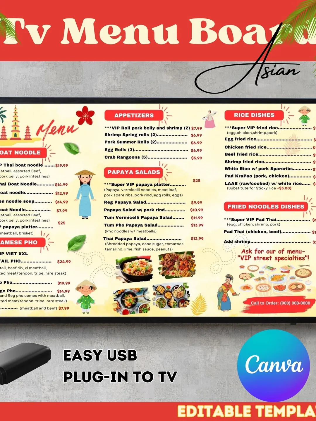 Asian Restaurant Menu Board Template: Editable TV Menu (Canva)