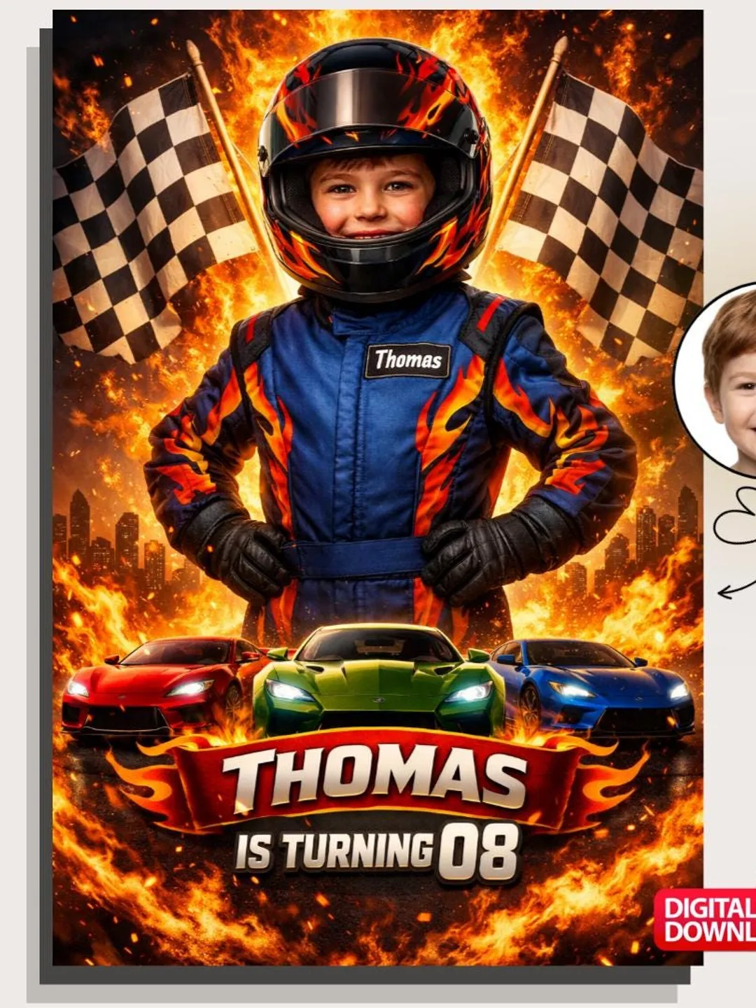 Custom Race Car Birthday Invitation, Personalized Photo Racing Party Invite (Digital Download)