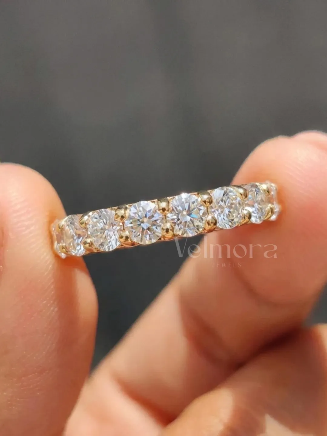 Moissanite Half Eternity Wedding Band, Round Cut Gold Anniversary Stacking