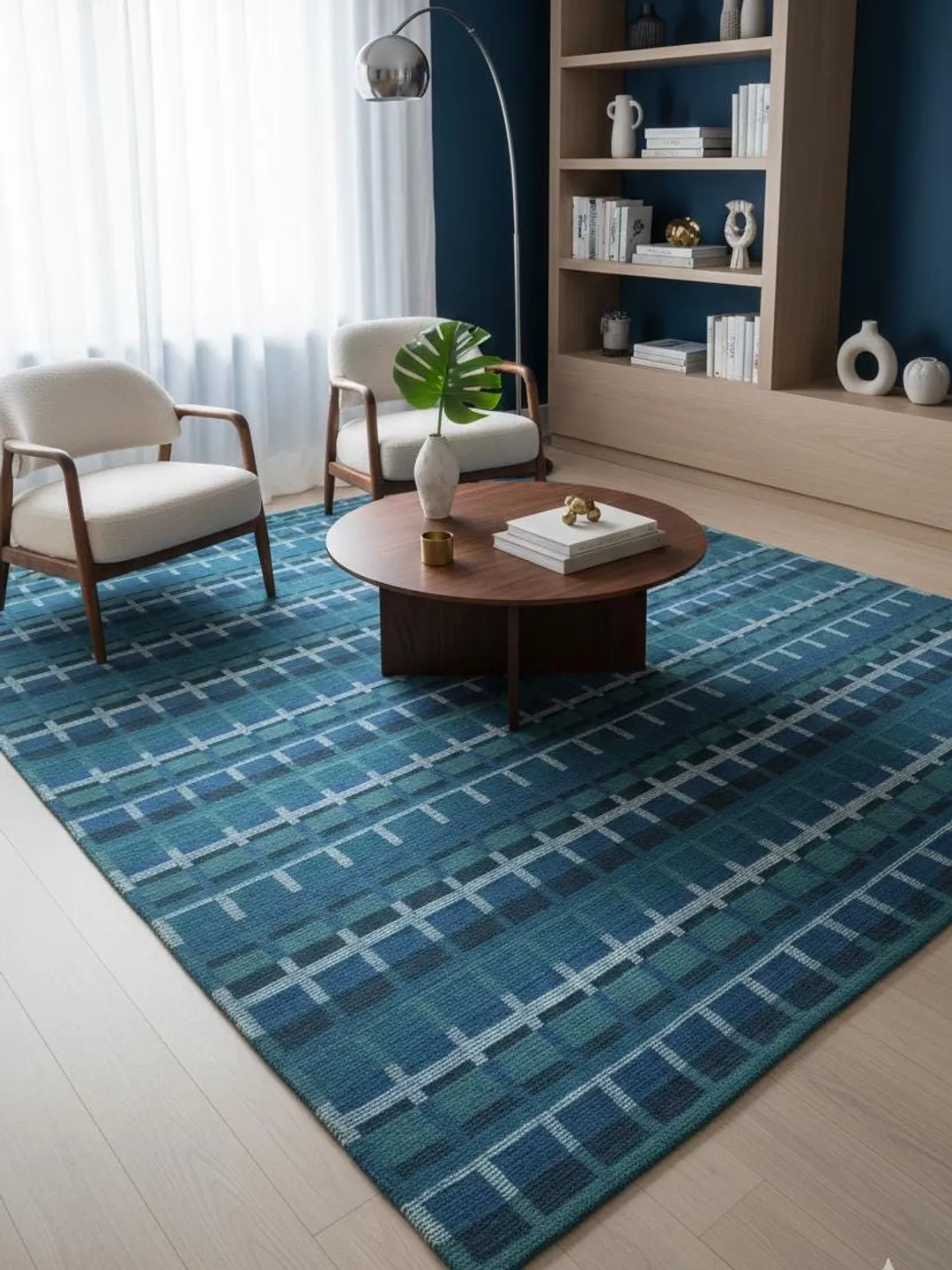 Hand Tufted Wool Area Rug, Blue Green Geometric Grid, Modern Living ...
