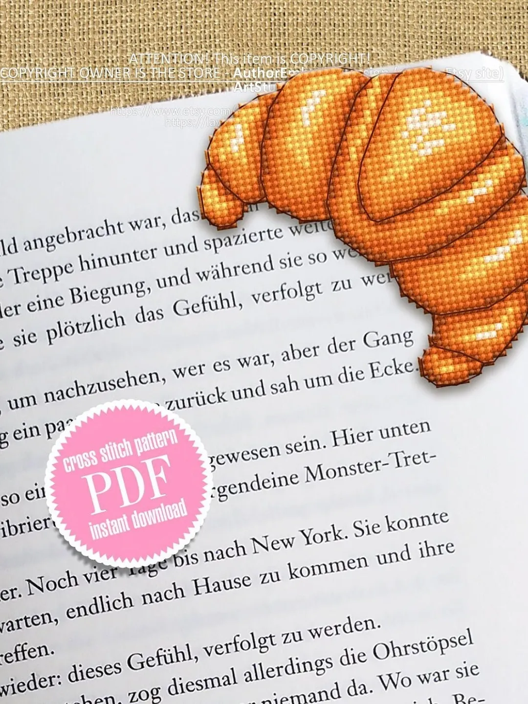 Corner bookmark cross stitch pattern PDF download Croissant cross stitch chart, Food bookmark digital PDF, Funny bookmark for beginner #B245