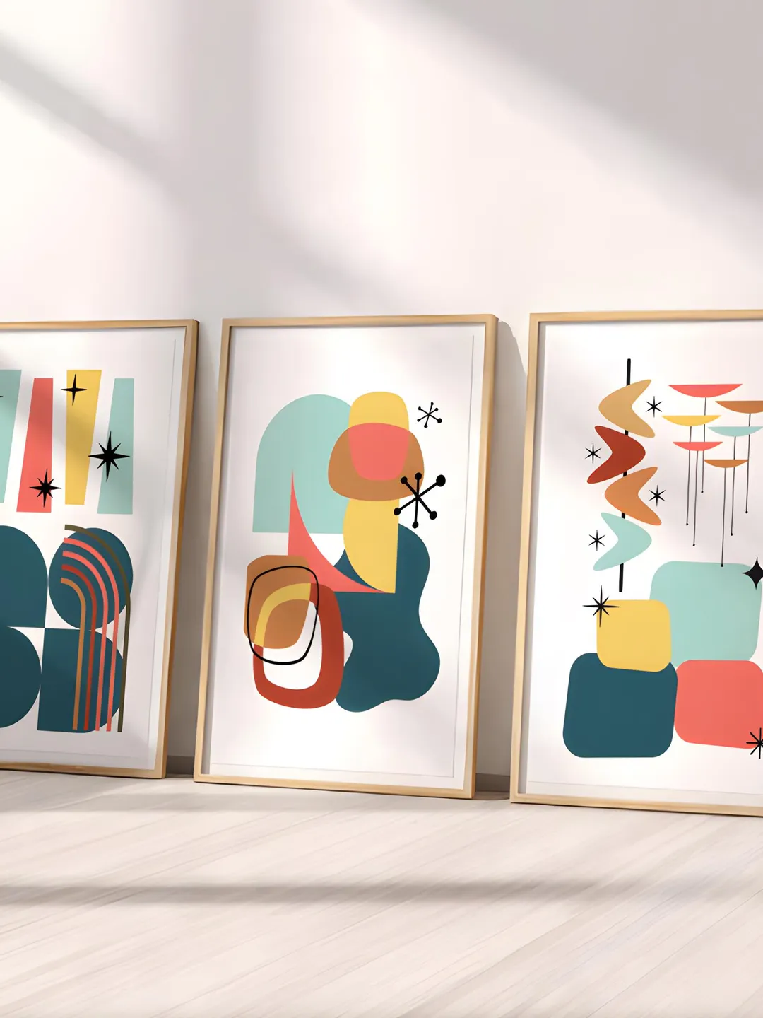 Abstract Wall Art Set of 3, Mid Century Modern Prints, Retro Geometric ...