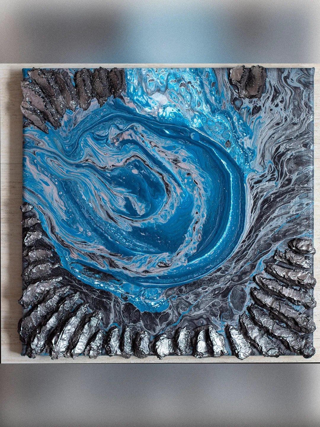Waterscape wall art | Modern Abstract Sea Painting | 3D Effect Acrylic Art on Canvas | Handmade Artwork | Blue Square painting