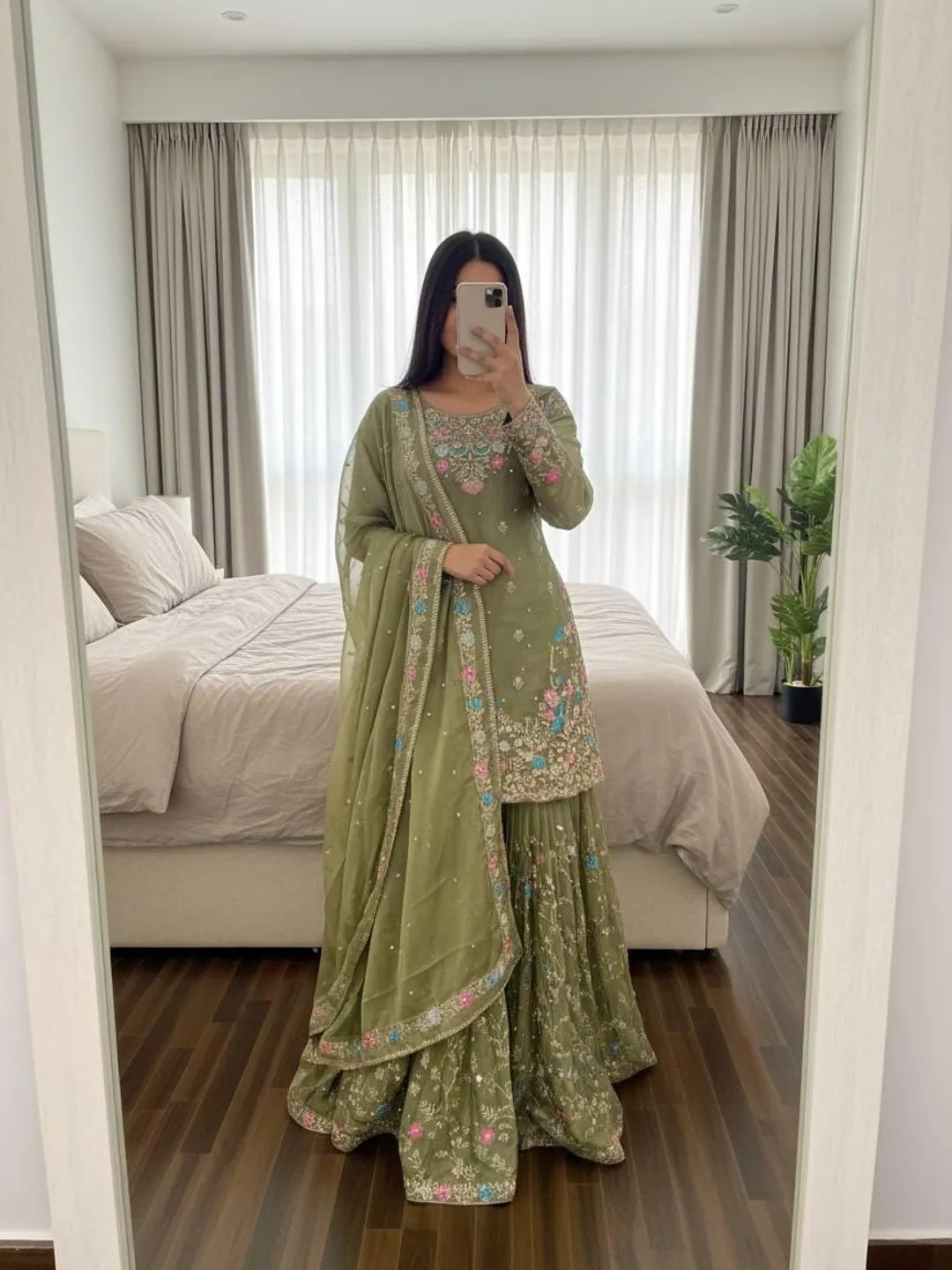 olive green pakistani dress Buy Embroidered Net Pakistani Suit in Light Olive Green Online : KCH2160