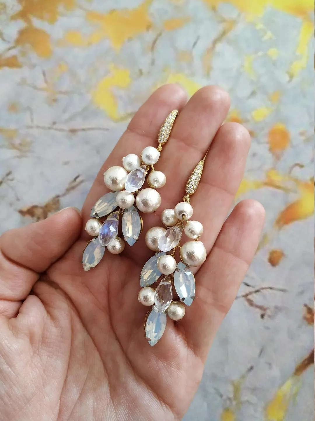 Opal Bridal earrings Cotton Pearl Wedding Earrings Gold Wedding Earrings Swarovski Crystal Chandelier Bridal Earrings Boho Wedding Earrings