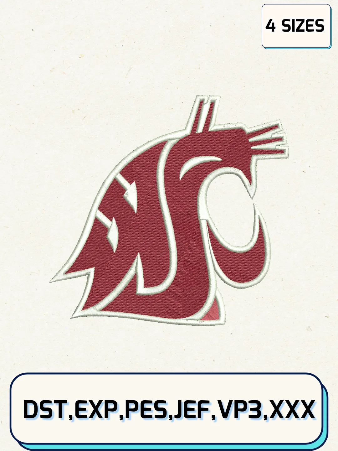 Washington State Cougars Logos Embroidery Design Files, NCAA Logos Embroidery Designs, Machine Embroidery Files, 4 Sizes