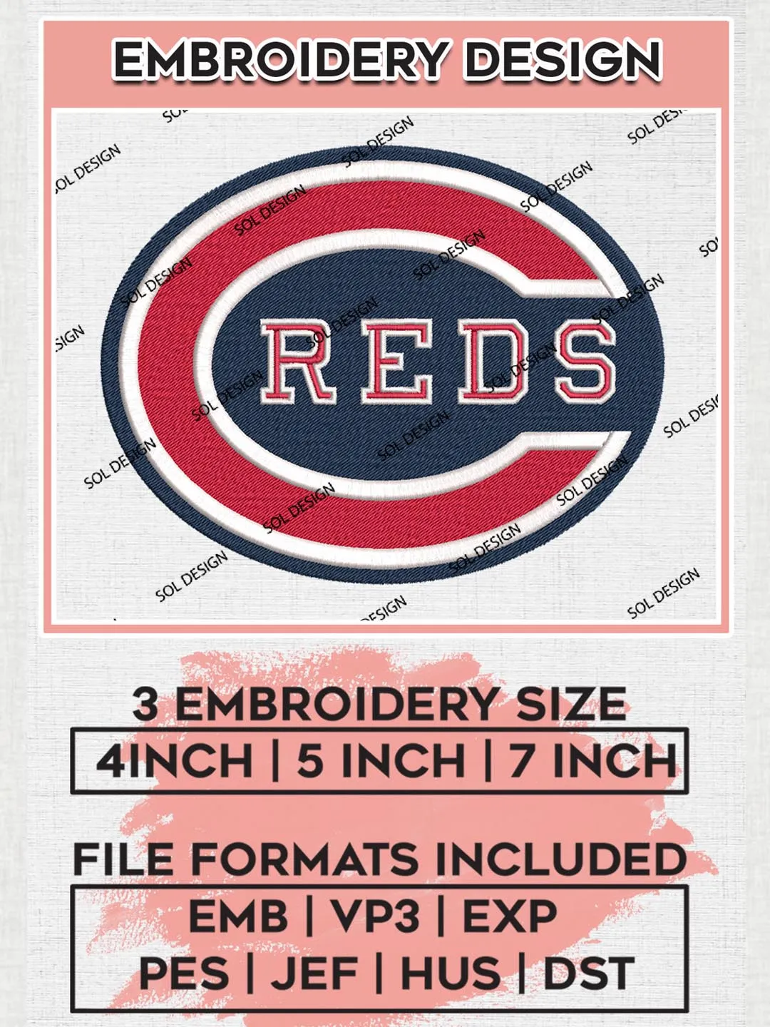 MLB Reds Team Logo Embroidery Files, MLB Cincinnati Reds Team Embroidery, MLB Teams, 3 sizes, MLB Machine embroidery designs, Digital Download