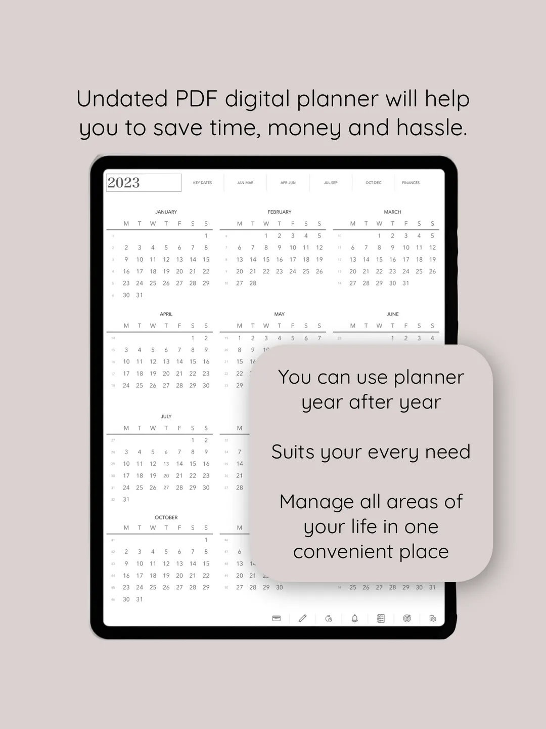 Undated digital planner. GoodNotes PDF planner. Hyperlinked Android Planner