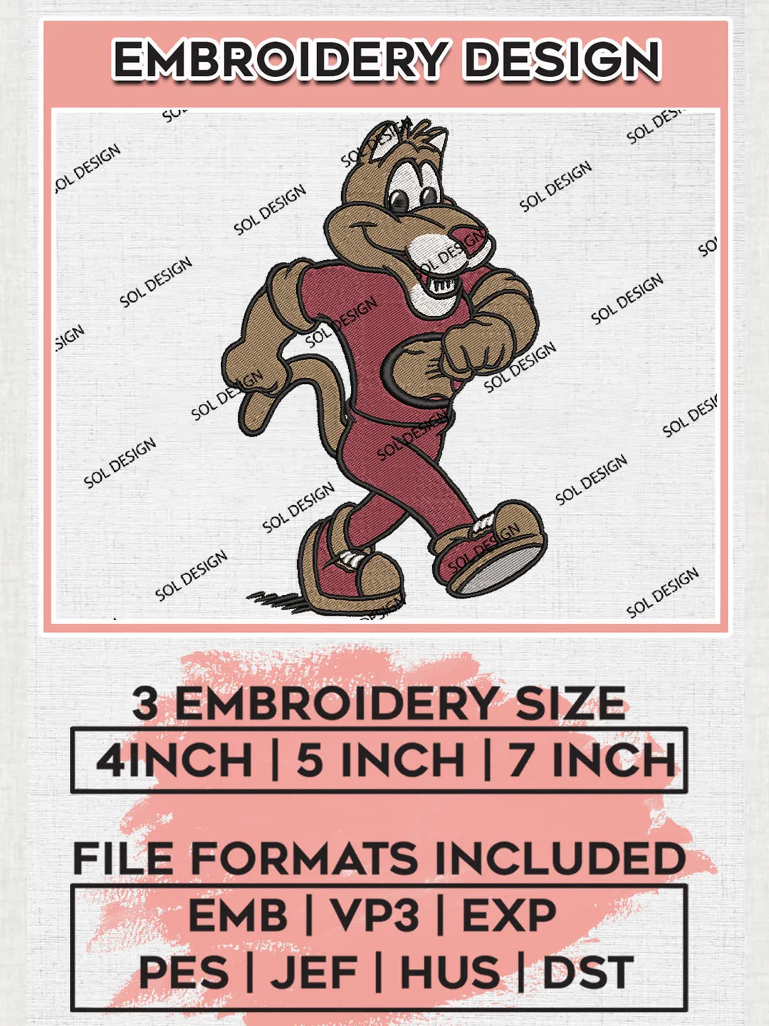 Charleston Cougars College Football Team Mascot  Logo Embroidery Design Files, NCAA Charleston Cougars Machine Embroidery, NCAA Teams, Game Day, 3 sizes, NCAA Machine embroidery designs, Digital Download