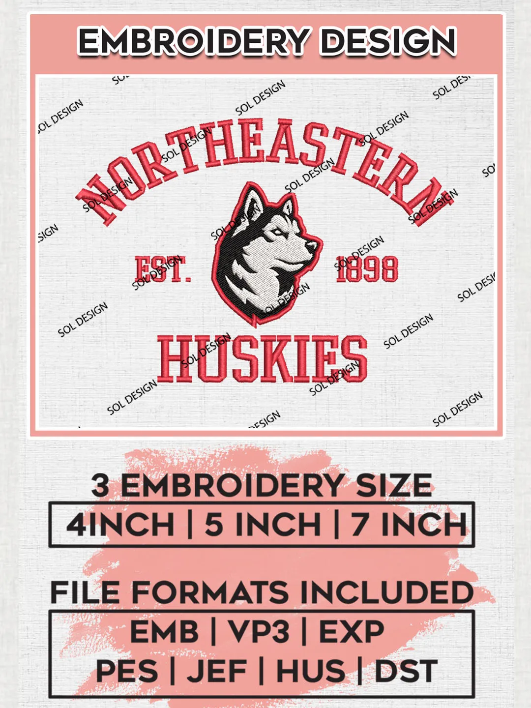 Northeastern Huskies Est 1898 Logo Embroidery Designs, NCAA Northeastern Huskies Team Embroidery, NCAA Team Logo, 3 sizes, Machine embroidery Files, Digital Download