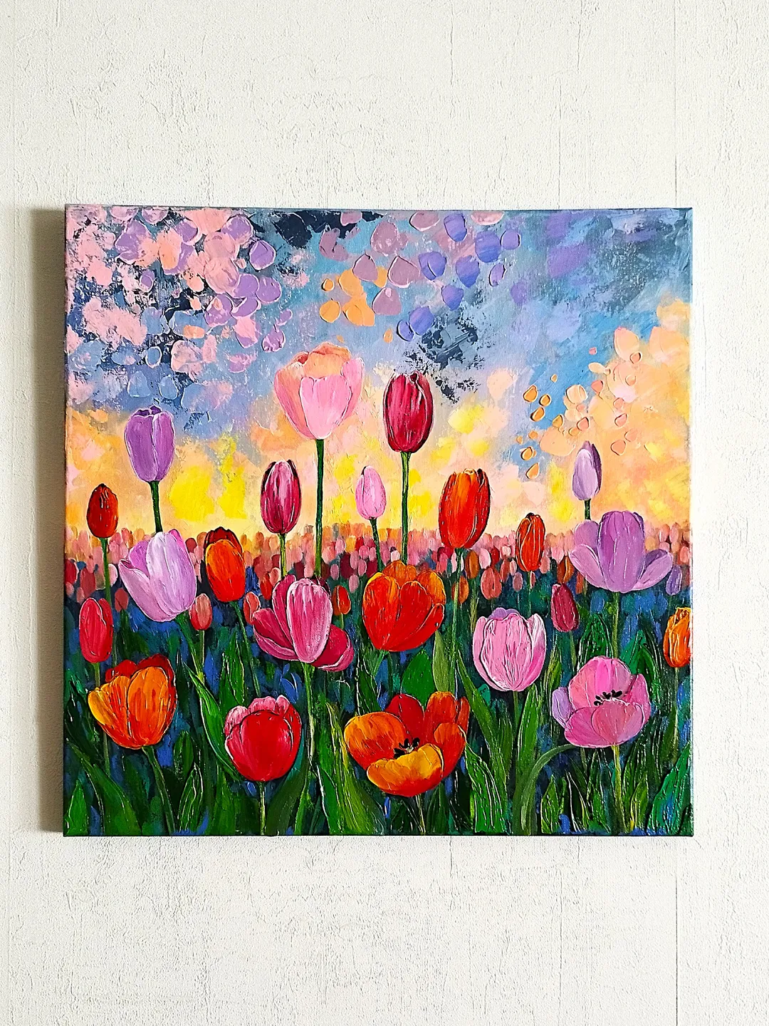 Tulips acrylic painting landscape art impasto. Flowers artwork