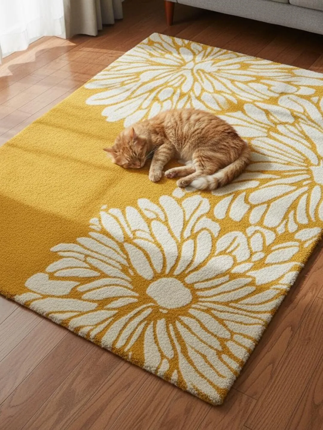 Yellow Floral Area Rug – Modern White Daisy Pattern Statement Rug Teppich