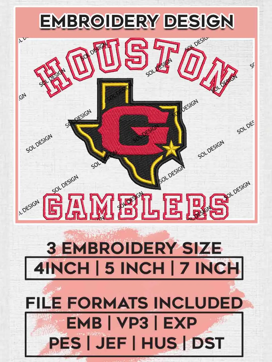 Houston Gamblers UFL Logo Embroidery Design, Football League Embroidery files, Sport Machine embroidery designs, 3 sizes, Instant Download