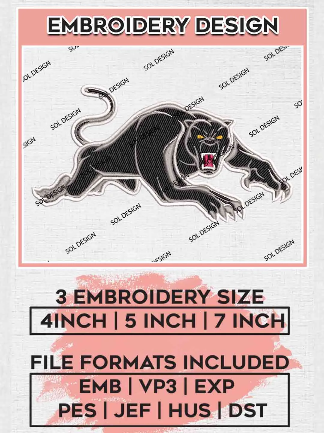 NRL Penrith Panthers Machine Embroidery Design, National Rugby League Embroidery Design, Penrith Panthers Logo Embroidery Design, NRL Machine Embroidery Digitized Pes File, 3 Sizes, Instant Download