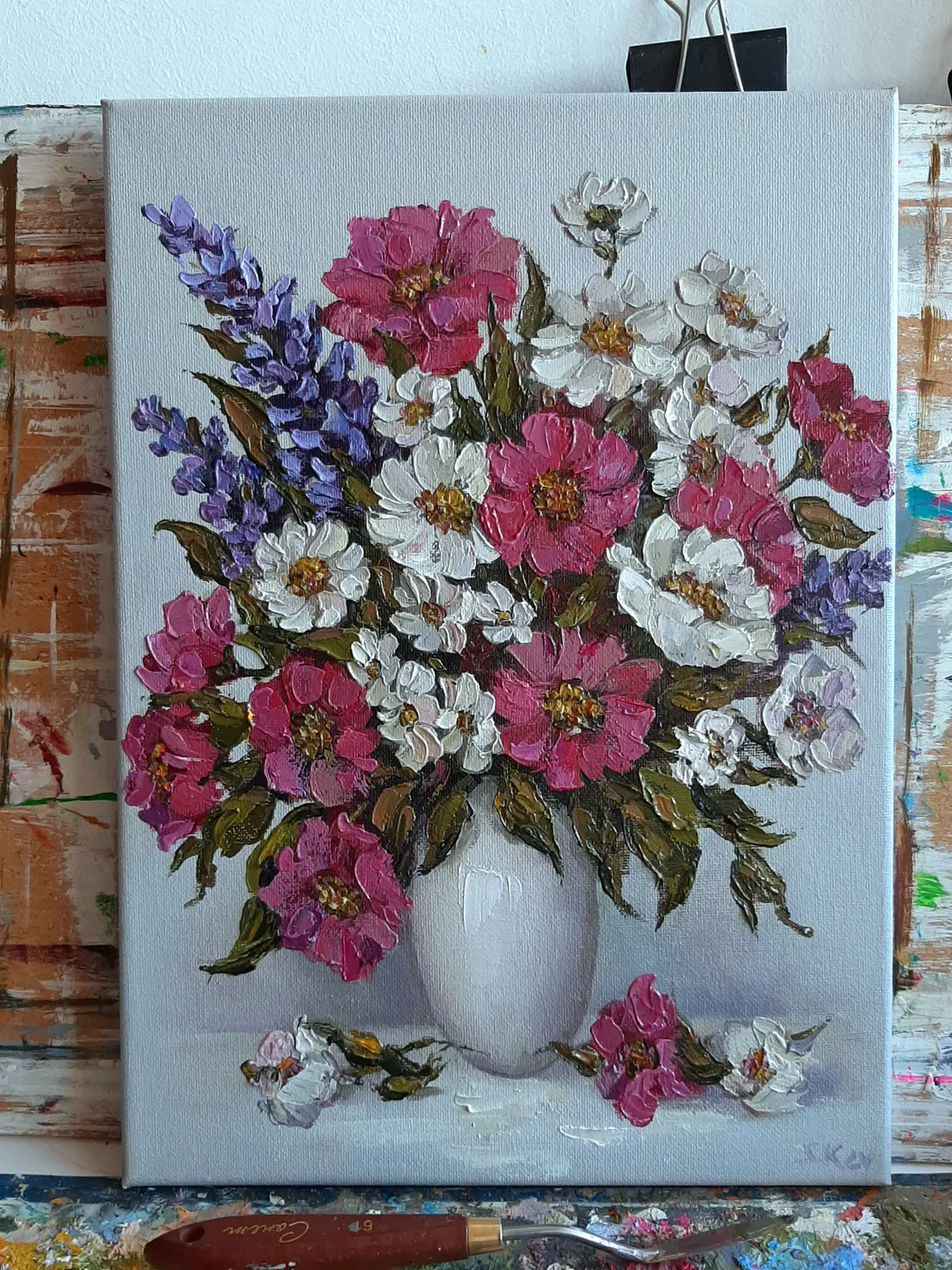 Flower oil painting Original art Pink and white flower wall art