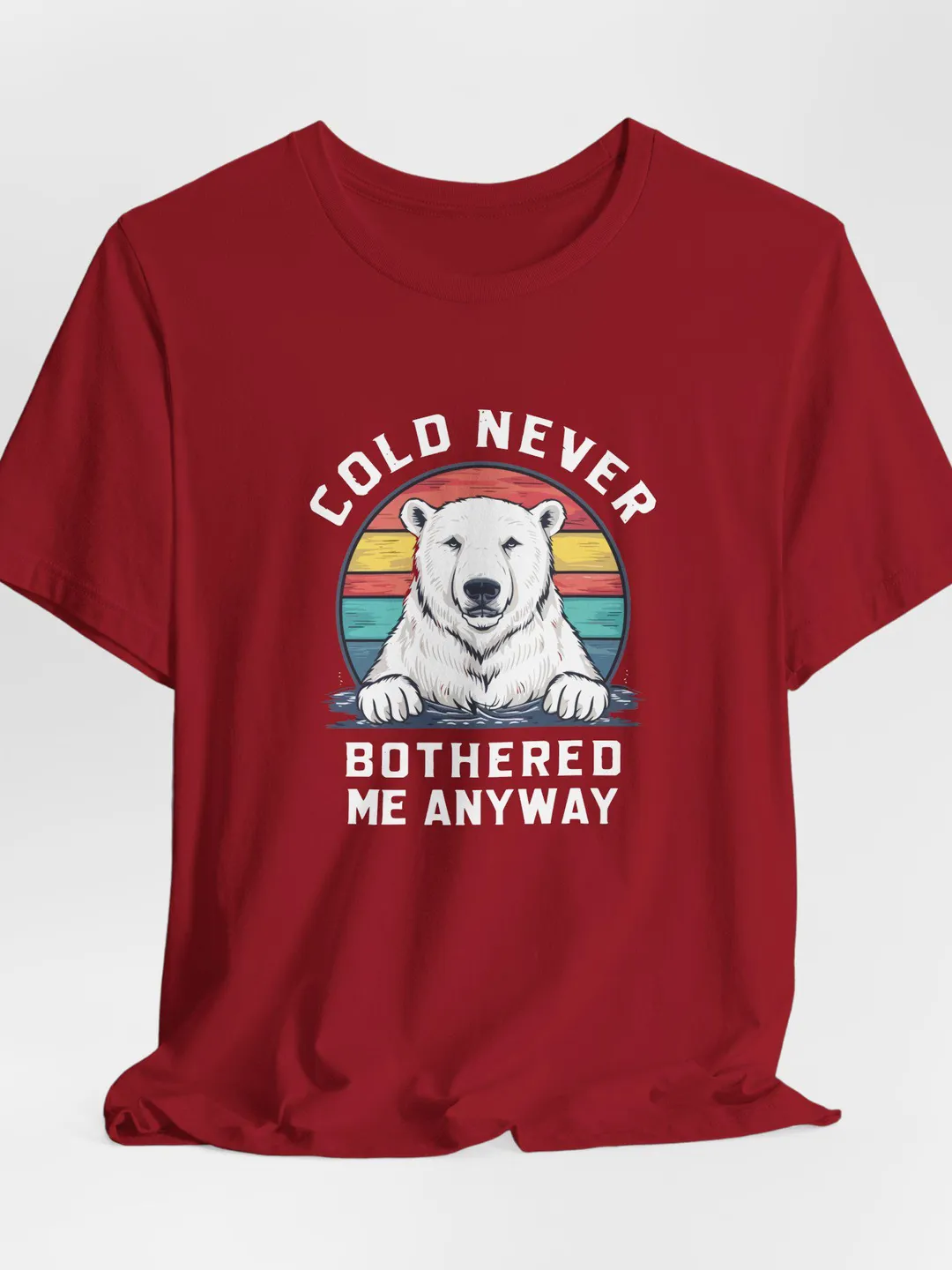 Polar Bear Tshirt, Cold Never Bothered Me Anyway Shirt, Funny Winter Arctic Animal Tee, Retro Sunset Bear Graphic Top, Gift for Nature Lover