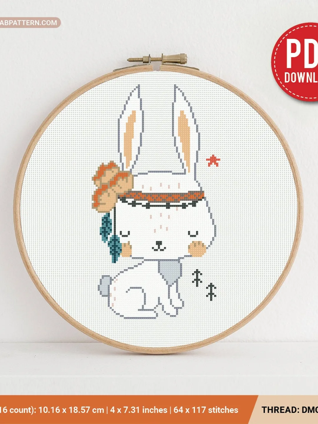 Rabbit Boho Style aesthetic mini cross stitch pattern, baby, animal boy girl nursery decor counted, chart, gift DIY, embroidery, instant PDF