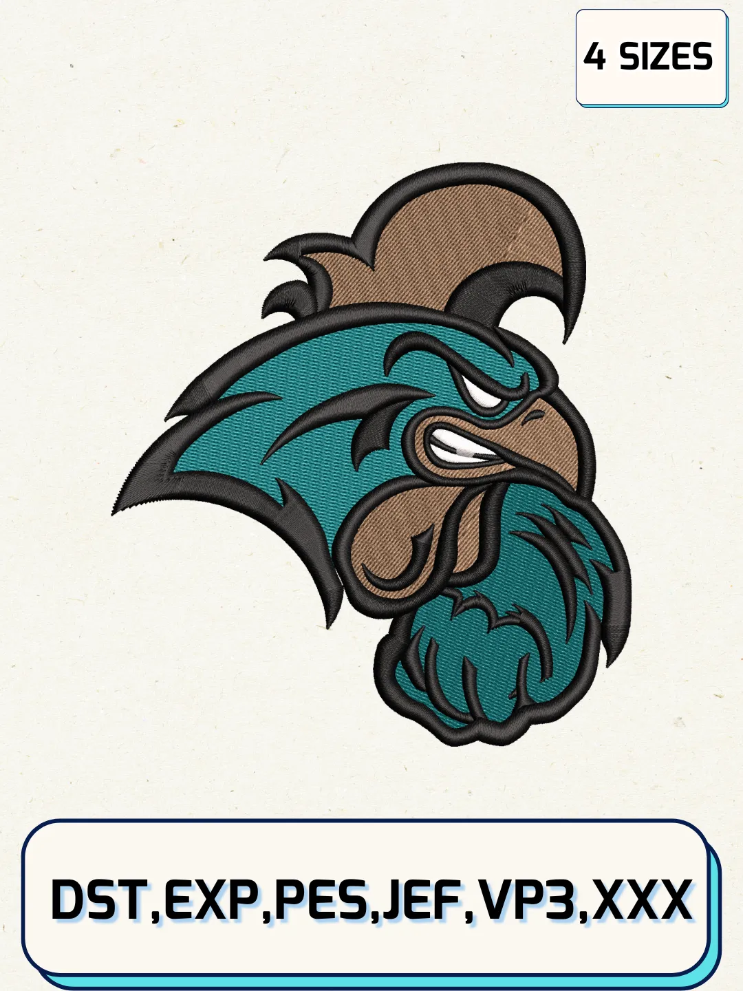 Coastal Carolina Chanticleers Logos Embroidery Design Files, NCAA Logos Embroidery Designs, Machine Embroidery Files, 4 Sizes