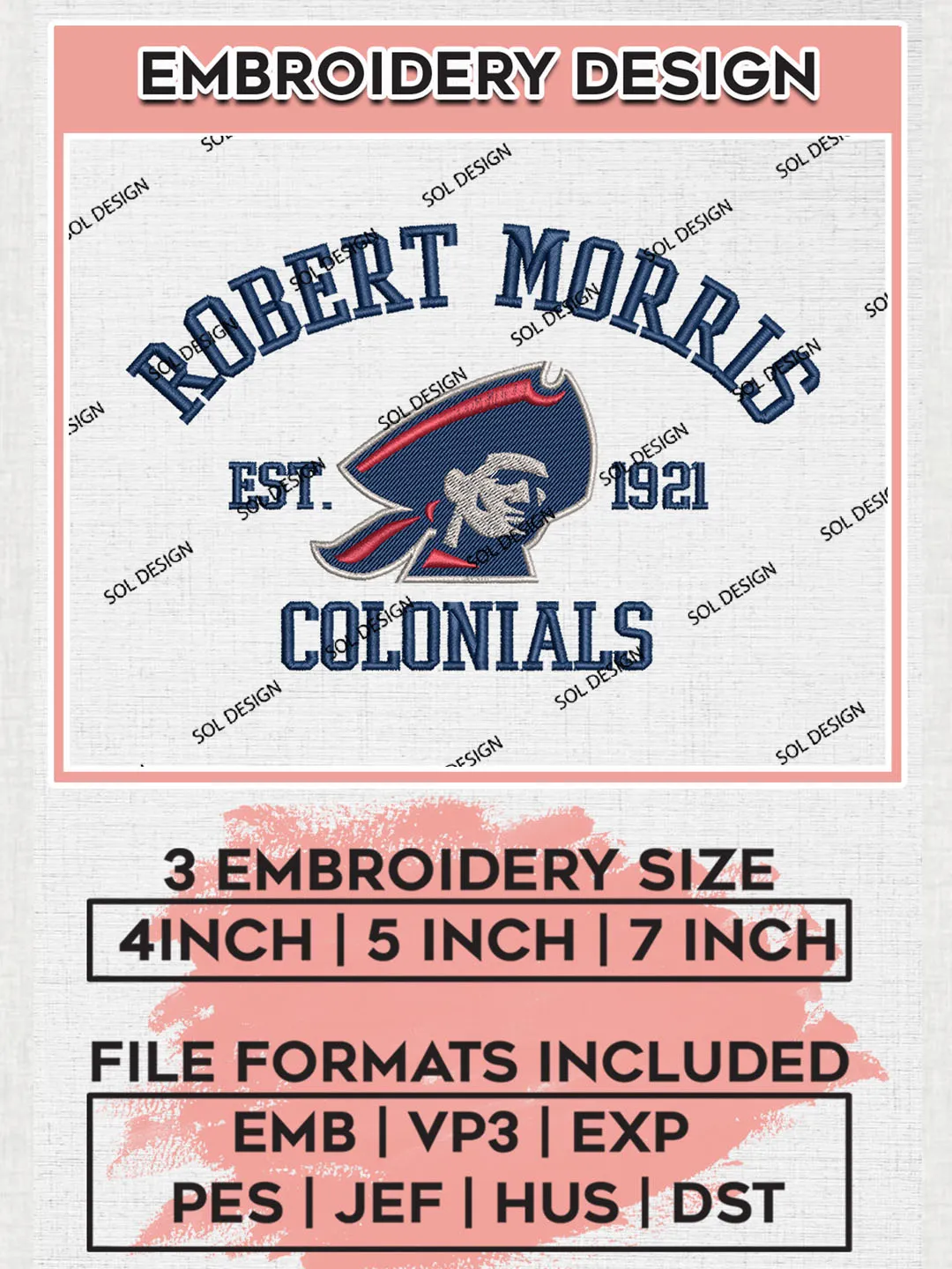 Robert Morris Colonials Est 1921 Embroidery Designs, NCAA Robert Morris Colonials Team Embroidery, NCAA Team Logo, 3 sizes, Machine embroidery Files, Digital Download