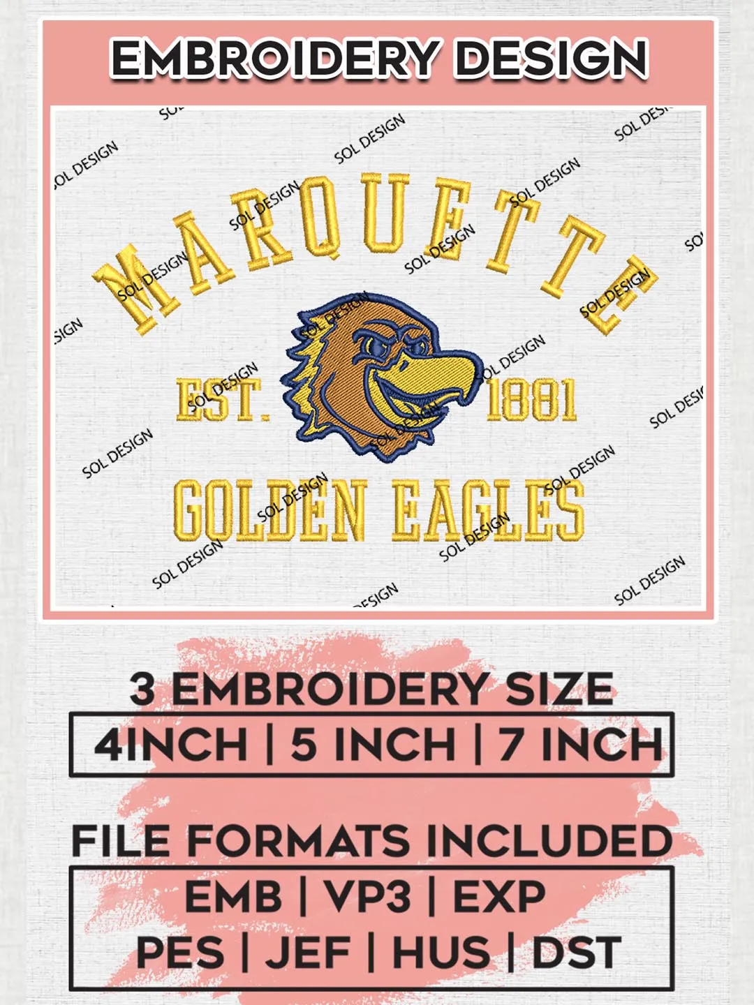 Marquette Golden Eagles Est 1881 Logo Embroidery Designs, NCAA Marquette Golden Eagles Team Embroidery, NCAA Team Logo, 3 sizes, Machine embroidery Files, Digital Download