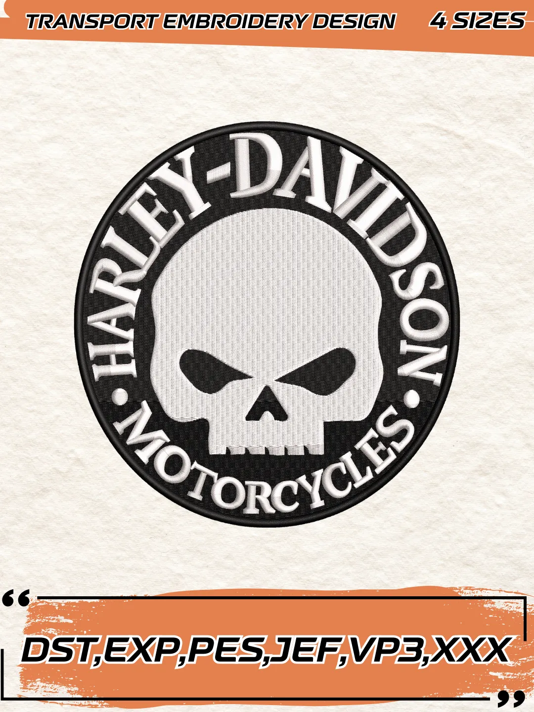 Harley Davidson Skull Logo Embroidery Design,Transport Embroidery File,4 Sizes, Digital Download