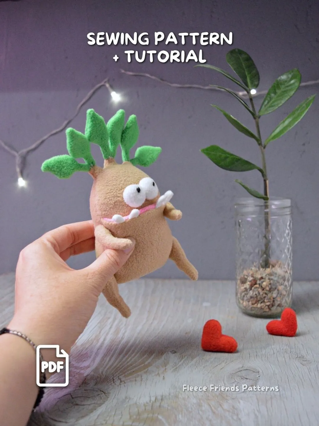 Tuber Plant Monster Plush Sewing Pattern with Secret Mouth Pocket Heart PDF Tutorial