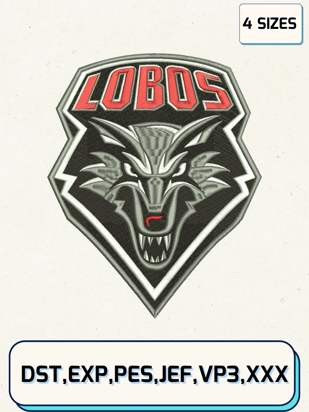 New Mexico Lobos Logos Embroidery Design Files, NCAA Logos Embroidery Designs, Machine Embroidery Files, 4 Sizes