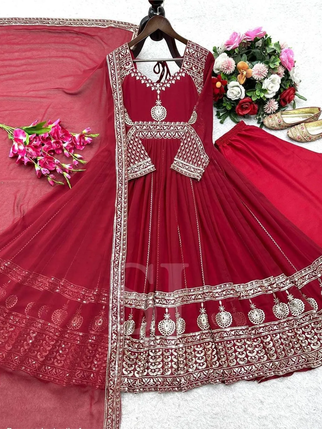 Red Anarkali Kurta Palazzo Dupatta Set For Women Set, Indian Fully Stitched Salwar Kameez Set, Wedding Wear Anarkali Suit, Georgette Suits