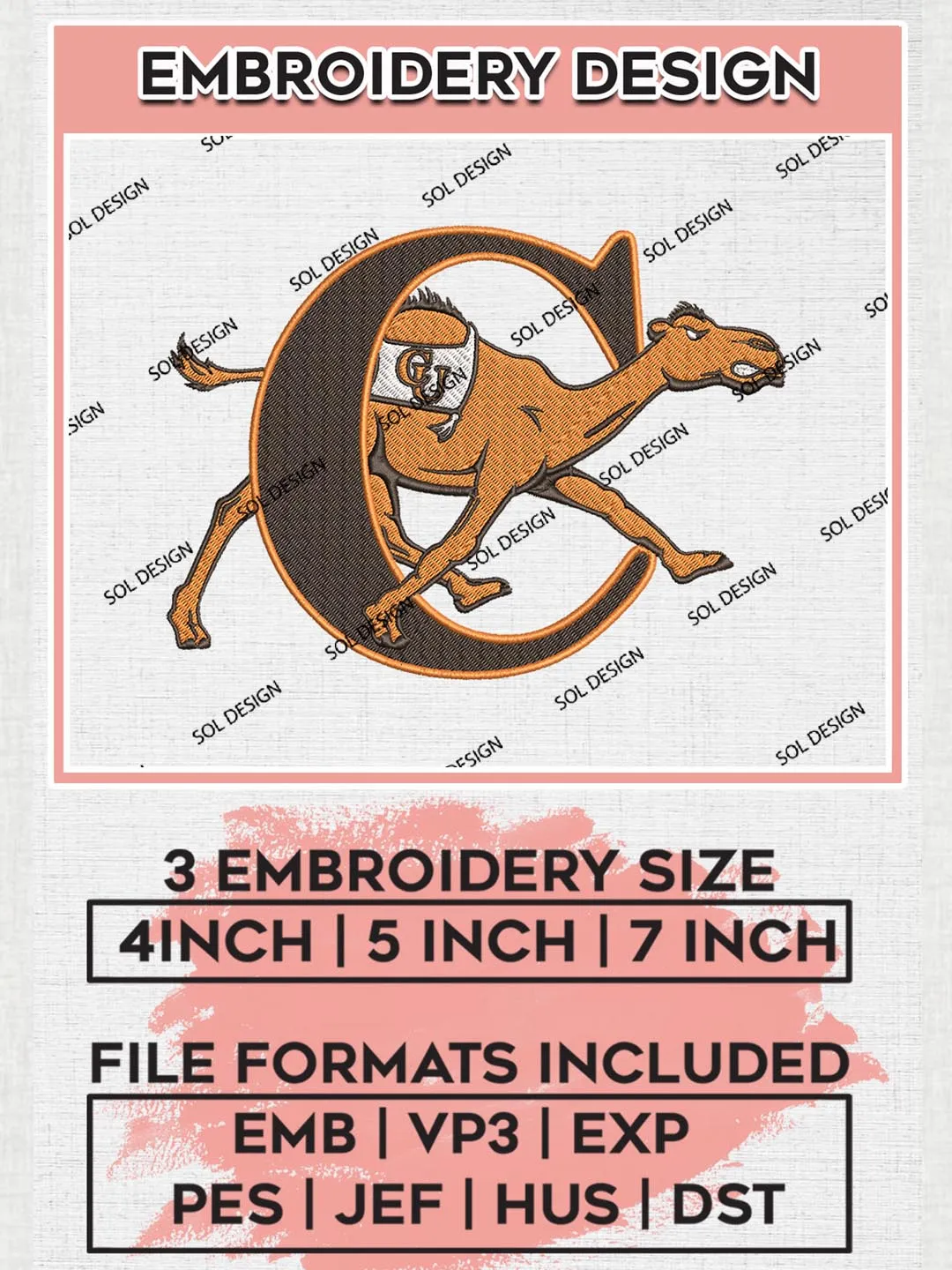 Campbell Fighting Camels Team Mascot Logo Machine Embroidery Design, NCAA Campbell Fighting Camels Team Design Design files, NCAA Team Embroidery Designs, NCAA Machine Embroidery Designs, Digital Download
