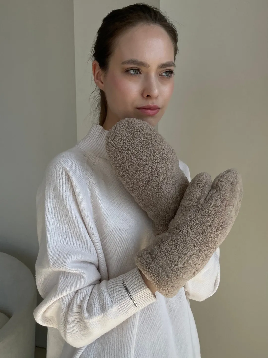 Genuine shearling mittens dark beige colour/ real fur mittens /women cold weather designer gloves / warm cosy mittens/ winter wear