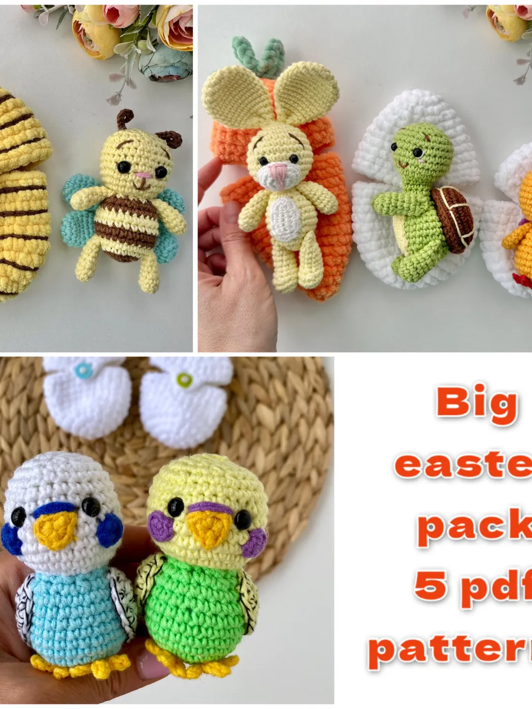 Crochet Pattern: Easter Bunny in Carrot, Chick in Egg, Budgie in Egg, Bee in Beehive, and Turtle in Egg - Amigurumi Plushie - PDF English