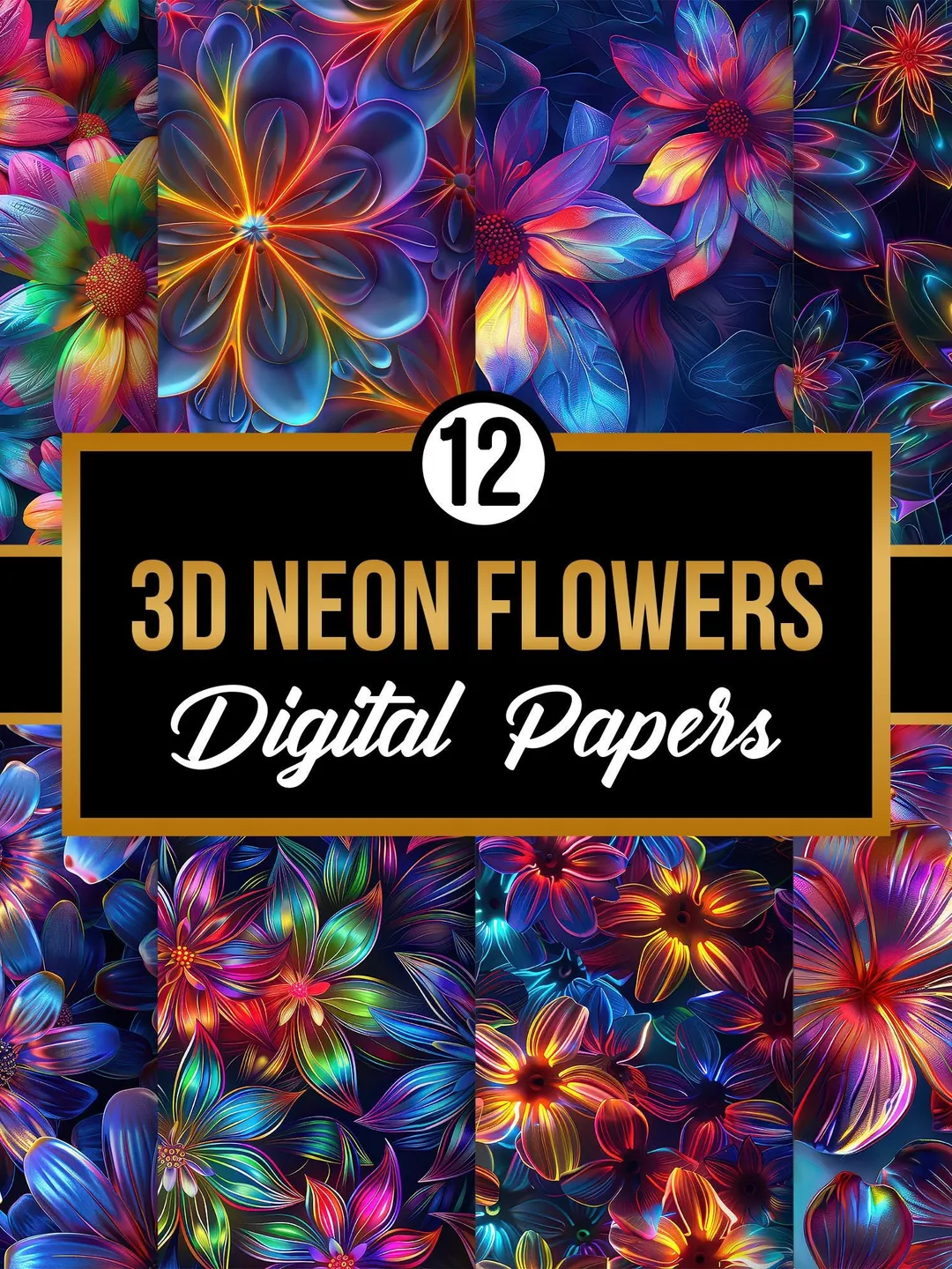 3D Neon Flowers Seamless Patterns | Vibrant Flowers Digital Papers ...