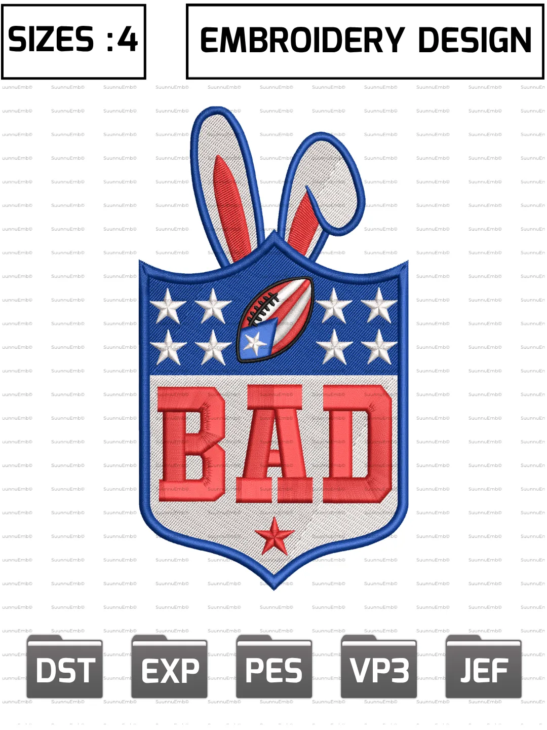 Bad Bunny Super Bowl Football Logo Embroidery Design,NFL Logos Embroidery Design,NFL Teams, Machine Embroidery Design File,4 Sizes, Digital Download