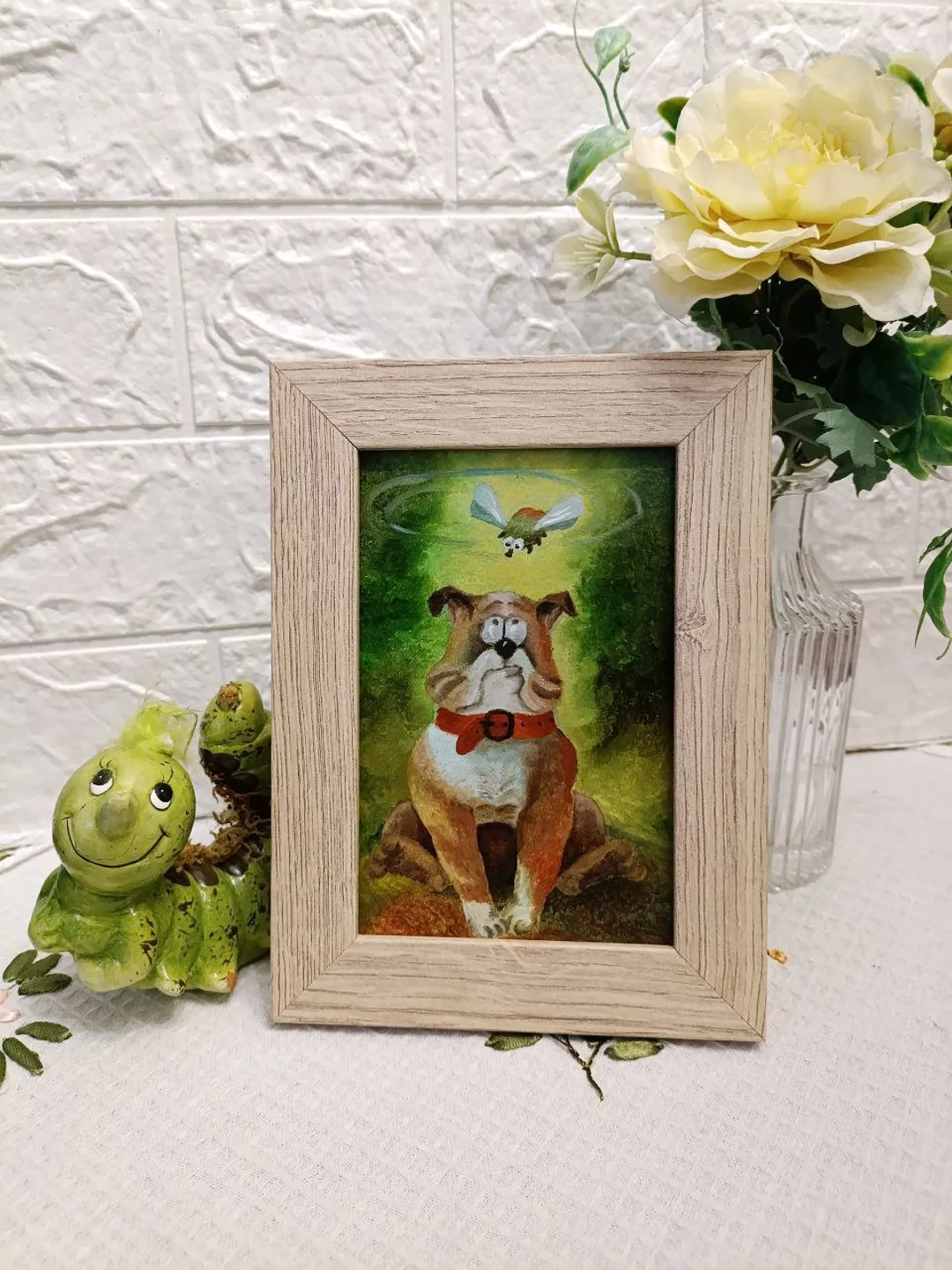 The dog and the fly oil painting 10x15 cm in a frame