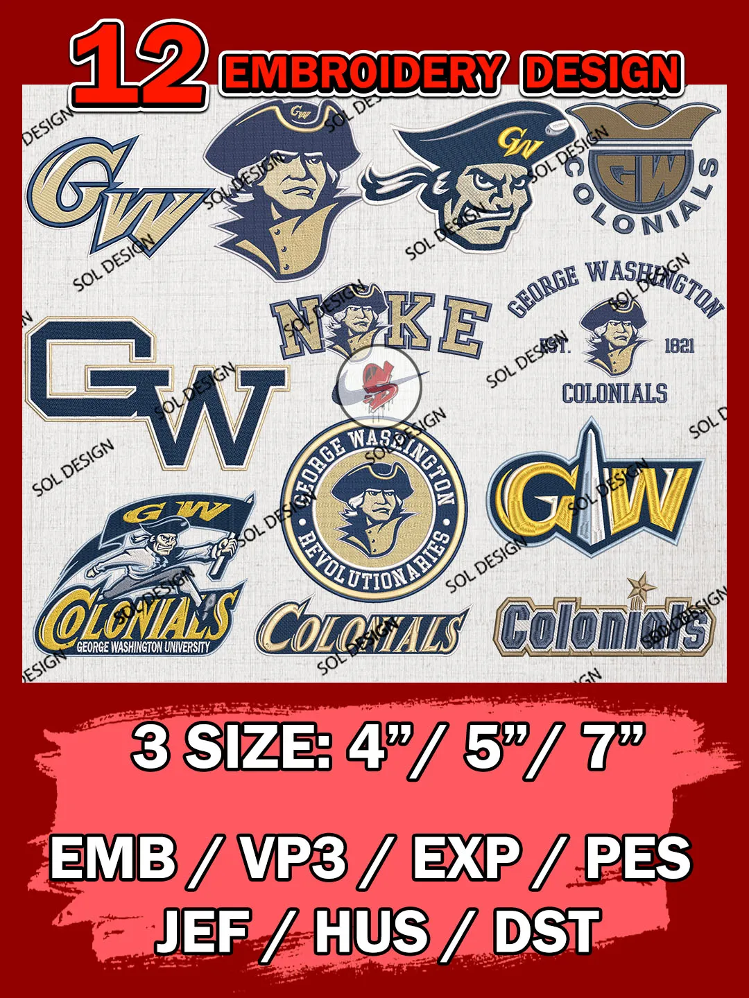12 NCAA George Washington Colonials Bundle Embroidery Files, NCAA George Washington Colonials Team Bundle Embroidery Designs, NCAA Teams, National College Football Team 3 sizes, NCAA George Washington Machine Embroidery, Digital Download