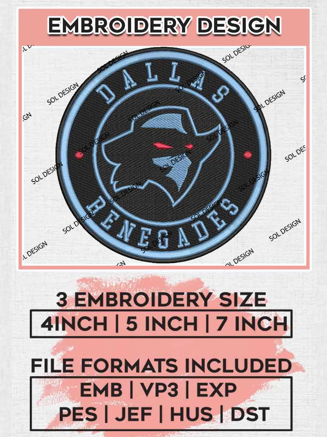 Dallas Renegades Round Logo Embroidery Design, UFL Football League Embroidery files, Sport Machine embroidery designs, 3 sizes, Instant Download