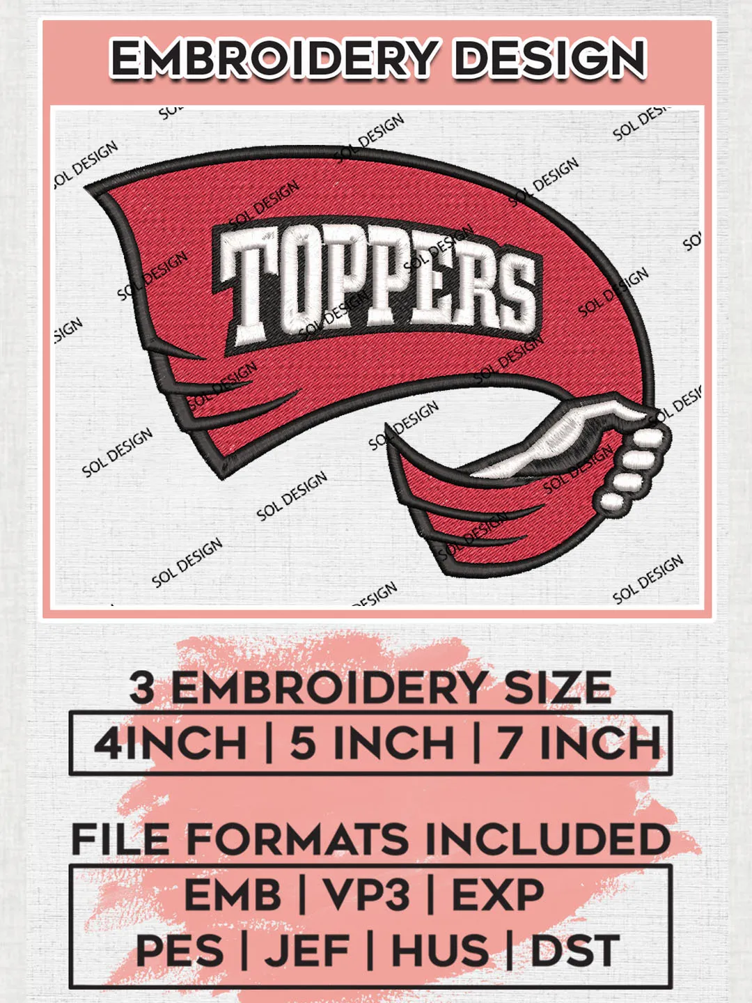NCAA Toppers Team Flag Logo Embroidery Design Files, NCAA Western Kentucky Hilltoppers Machine Embroidery, NCAA Teams, Game Day, 3 sizes, NCAA Machine embroidery designs, Digital Download