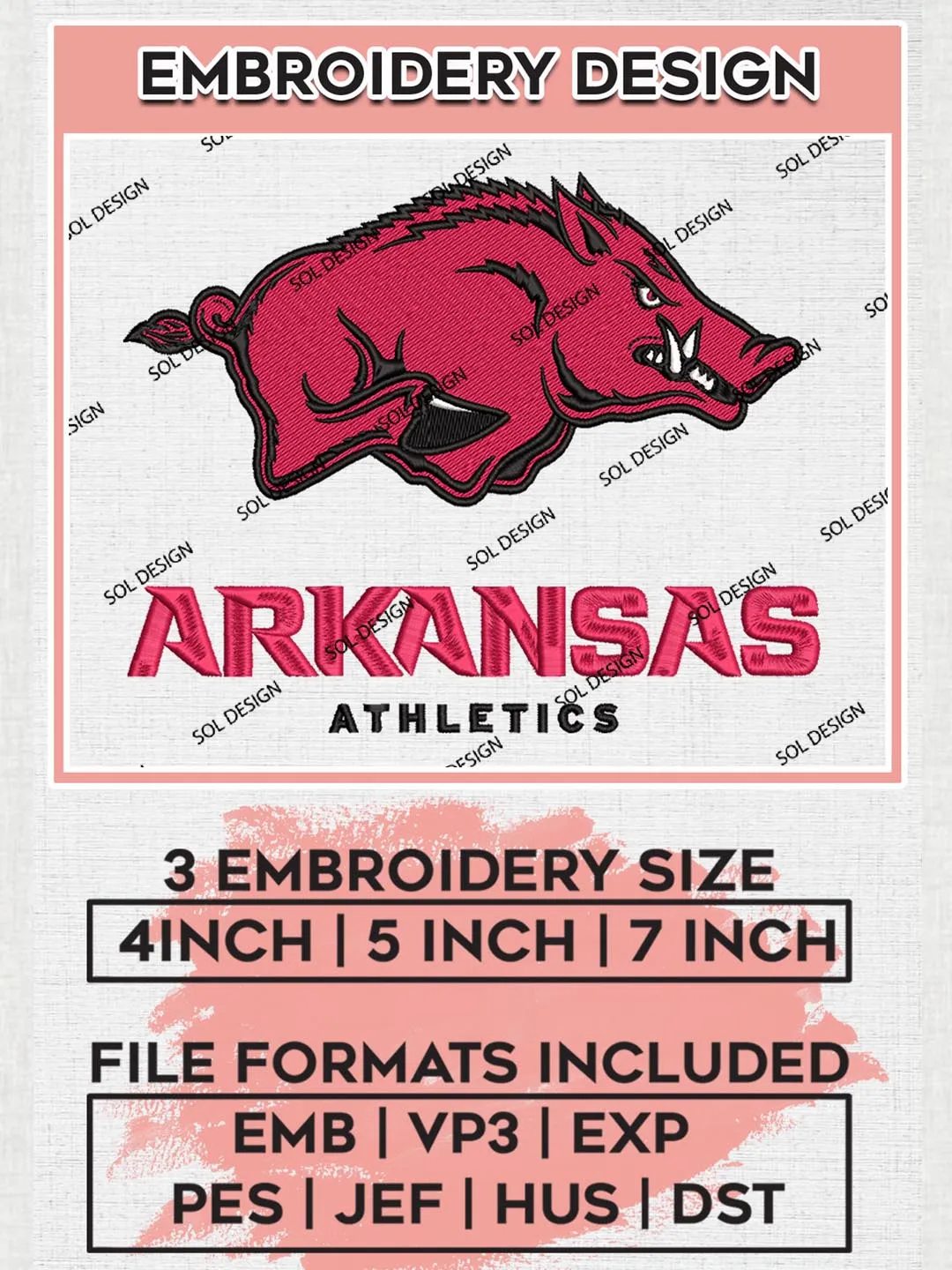 Razorback Design Arkansas Athletics Team Logo Machine Embroidery Design, NCAA Arkansas ...