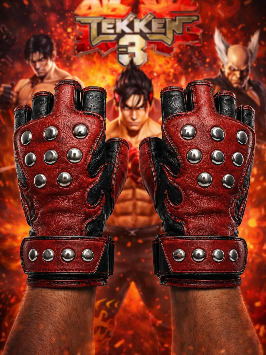 Handmade Leather Fingerless Gloves | Tekken 
Inspired | Jin Kazama Style | Red Black | 
Studded | Made to Order