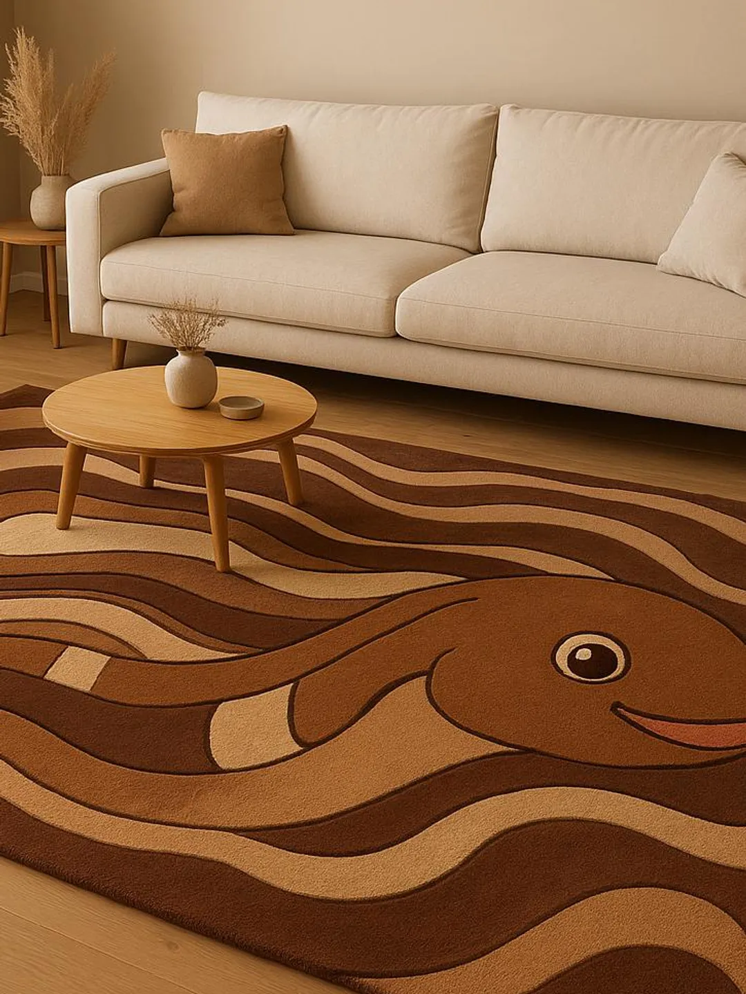 Brown Abstract Fish Wave Area Rug, Modern Boho Coastal Carpet